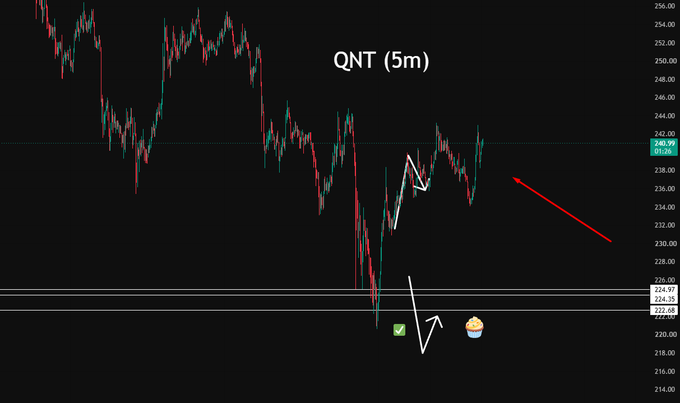 A 5-minute candlestick chart of the QNT ticker showing price action around 240.99, with hand-drawn white lines, checkmark and cupcake emojis, and a red arrow indicating a potential downtrend.