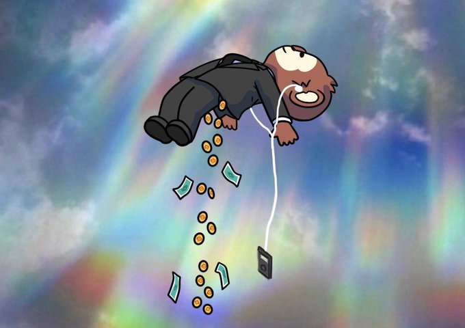 A cartoon illustration shows a man in a black suit falling through the sky against a rainbow and cloud background, with coins and money falling out of his pockets while he holds a string attached to a small black device.