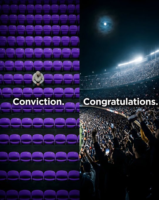 A split image shows a lone person sitting in purple stadium seats labeled 'Conviction.' on the left, contrasted with a massive cheering crowd labeled 'Congratulations.' on the right.