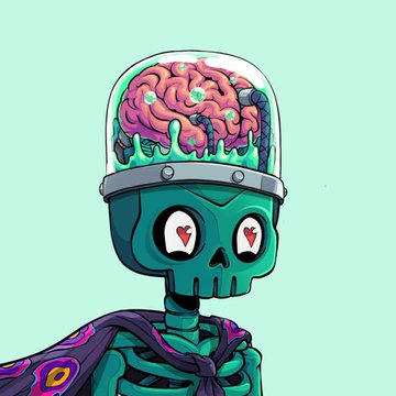 A colorful cartoon illustration of a green skeleton with heart-shaped eyes wearing a transparent dome helmet containing a pink brain, draped with a purple patterned cloth.