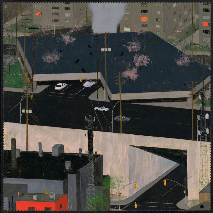 A moody, painterly cityscape depicts an urban intersection with a parking lot, telephone poles, apartment buildings, and cherry blossom trees beneath a stormy sky with rain falling. The "Gm" caption pairs with the atmospheric "Good Morning" mood of the scene, evoking a gray, rainy start to the day in the city.