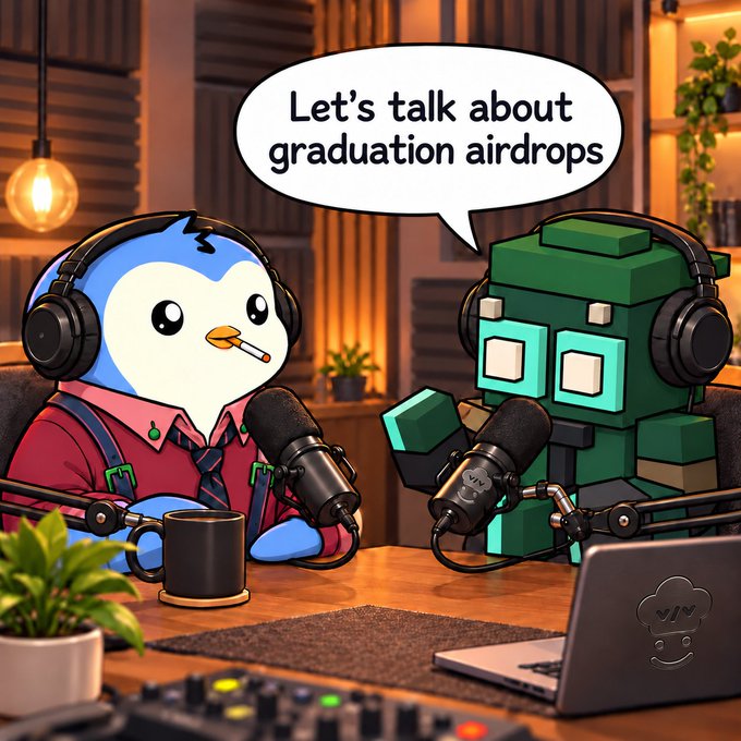 A cartoon illustration of a blue penguin mascot wearing headphones and a red shirt with a cigarette, talking into a microphone across a table with a green robot character, with a speech bubble saying 'Let's talk about graduation airdrops'.