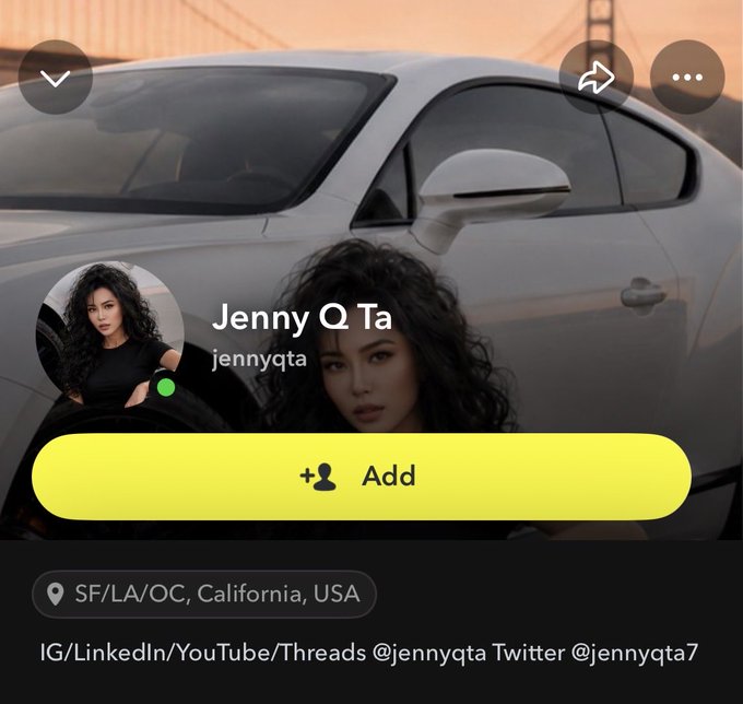 A profile page for Jenny Q Ta (@jennyqta) shows a woman posing with a silver car, with her location listed as SF/LA/OC, California, USA. The post celebrates Snapchat's 15-year milestone and praises the platform's AI and AR capabilities, with Jenny Q Ta suggesting it will outperform Meta ($META) in AI glasses.