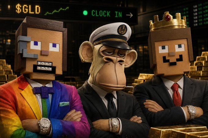 A digital artwork featuring three figures with Minecraft Steve block heads in formal attire—one in a rainbow suit, a Bored Ape Yacht Club character in a captain's hat in the middle, and another in a suit with a crown—with '$GLD' and 'CLOCK IN' text on screens in the background amid stacks of gold.