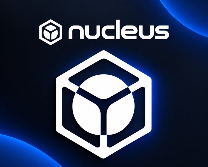 A logo graphic featuring a stylized white hexagonal cube design with the word 'nucleus' written above it, set against a dark blue background.