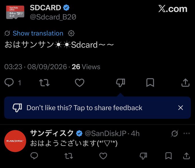 An X.com screenshot shows a tweet from verified account @Sdcard_B20 saying 'おはサンサン☀️☀️Sdcard～～' with a reply from @SanDiskJP saying 'おはようございます(*'▽'*)'.
