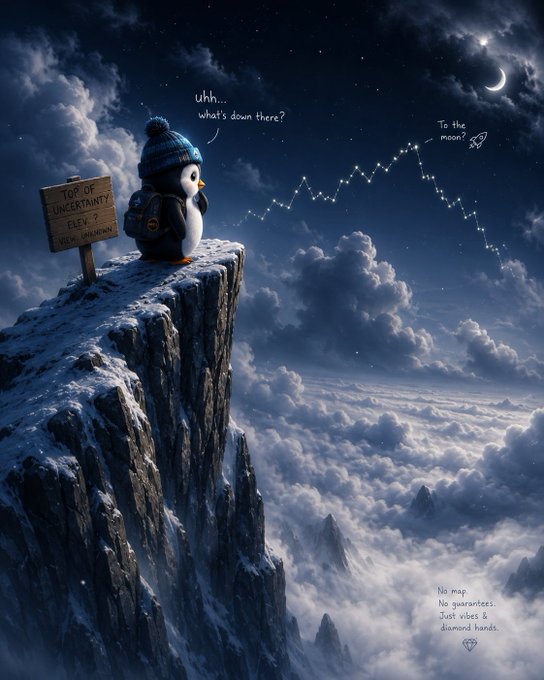 A whimsical illustration of a penguin with a backpack sitting on a snowy cliff edge labeled "TOP OF UNCERTAINTY / FLEY R.", looking up at constellations in the night sky with the text "uhh... what's down there?", "To the moon!", and "No map. No guarantees. Just vibes & diamond hands."