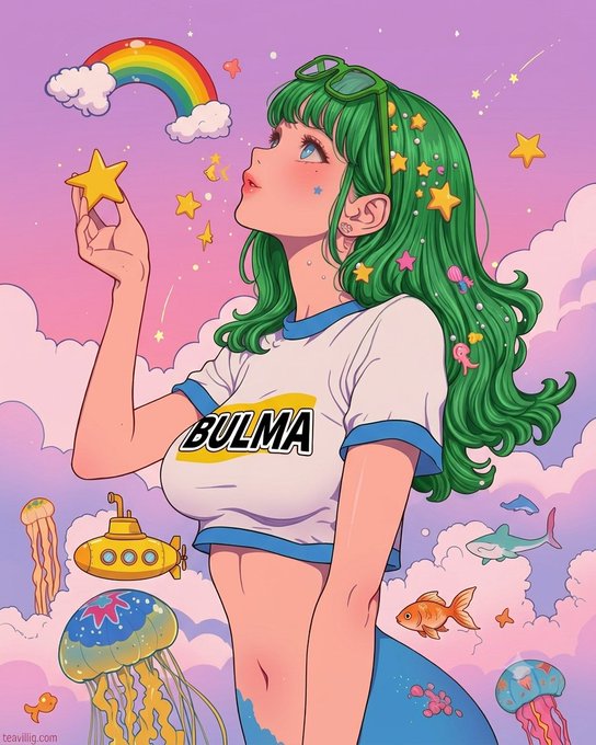 A colorful anime-style illustration of Bulma from Dragon Ball with green hair, wearing a 'BULMA' crop top, surrounded by stars, a rainbow, jellyfish, and a submarine.