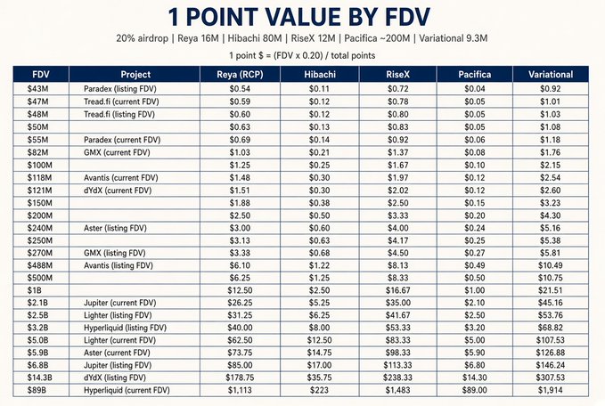 A detailed spreadsheet titled '1 POINT VALUE BY FDV' shows token valuations across various crypto projects including Reya, Hibachi, RiseX, Pacifica, and Variational, ranging from $43M to $89B FDV with corresponding per-point values.