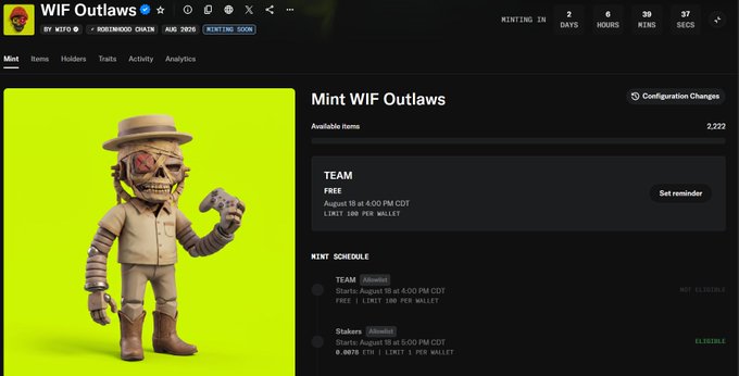 Minting page for the 'WIF Outlaws' NFT collection featuring a skeleton character with an eyepatch and cowboy hat holding a game controller, with a countdown timer showing 2 days, 6 hours remaining.