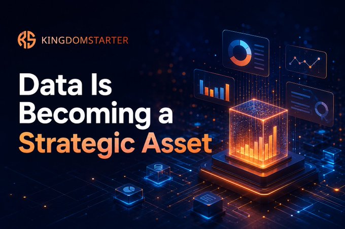 A KingdomStarter graphic titled 'Data Is Becoming a Strategic Asset', featuring a glowing orange data cube with floating charts and graphs on a dark background.
