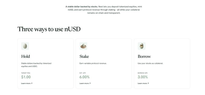 The image showcases a NEST website section titled "Three ways to use nUSD," detailing options to Hold ($1.00 target peg), Stake (6.00% est. APY), or Borrow (3.00% borrow APY) with the stablecoin, highlighting NEST's role as a pioneer in tokenized stocks onchain as mentioned in the post.