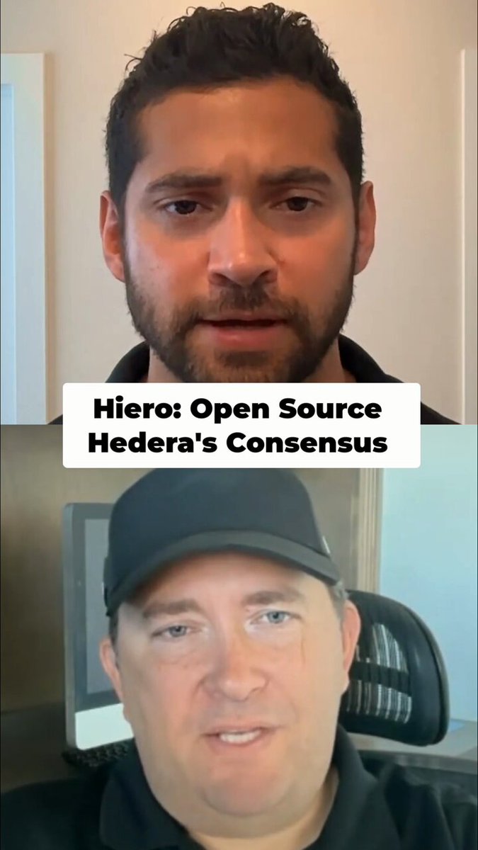 The image features a conversation between two men wearing black shirts with one man's face partially visible above another's head and shoulders. The first man has a beard and appears to be wearing a hat, while his counterpart seems to have a mustache. They are positioned in front of a computer monitor which is situated on the left side of the image. At the top right corner of the image, there is text that says "Hiero: Open Source; Hedera's Consent". The first man appears to be saying something about Hiero, and their interaction seems to take place within a discussion related to open source software or open source code for Hedera.