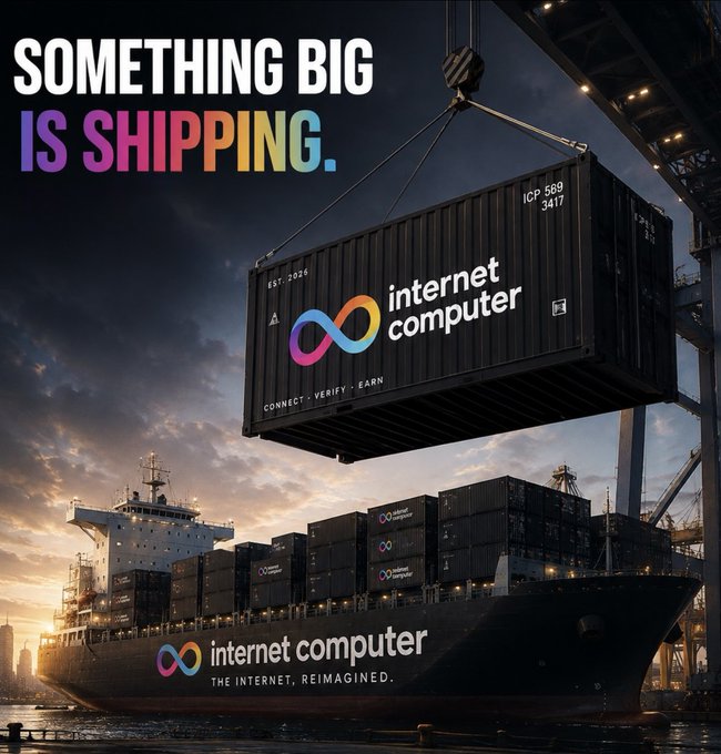 A promotional graphic for Internet Computer (ICP) features a shipping container and cargo ship branded with the project's infinity logo and tagline "The Internet, Reimagined," alongside the bold announcement "SOMETHING BIG IS SHIPPING." The image reinforces the post's message of anticipation for a major ICP product launch, visually symbolizing that significant developments—including Cloud Engines—are being prepared for delivery to the public.