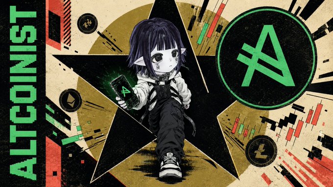 An anime-style promotional graphic featuring the word 'ALTCOINIST' vertically on the left side, with a chibi character holding a phone displaying the 'A' logo, set against a star-patterned background with crypto charts.