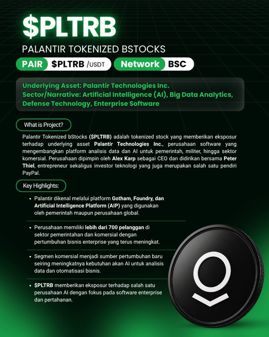 A promotional graphic for '$PLTRB PALANTIR TOKENIZED BSTOCKS' on the BSC network, detailing the project with key highlights about Palantir Technologies Inc.