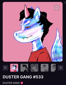 An NFT listing titled 'DUSTER GANG #333' featuring a stylized blue fox-like character with a horn on a pink background.