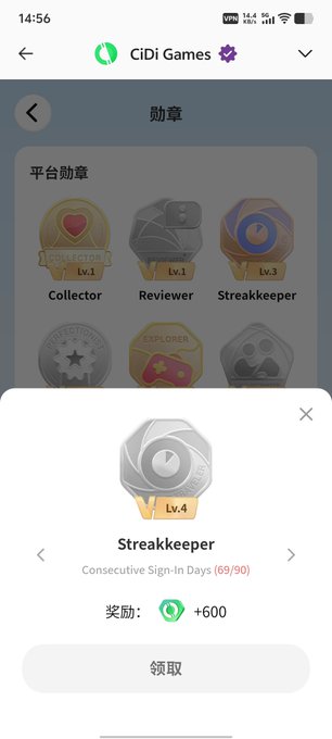 A screenshot from the CiDi Games app shows a 'Streakkeeper' badge at Level 4, indicating 69/90 consecutive sign-in days, with a reward of +600 and a Chinese '领取' (Claim) button.
