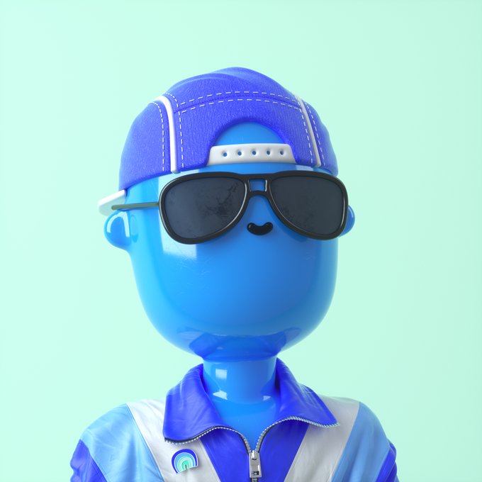 A 3D-rendered blue character wearing a backwards purple cap, oversized black sunglasses, and a blue and white jacket against a light mint background.