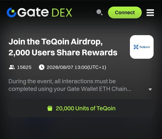 A Gate DEX promotional screen for the 'TeQoin Airdrop' offering 20,000 Units of TeQoin to 2,000 users, with 15,625 participants and an event date of 2026/08/07 13:00 (UTC+1).