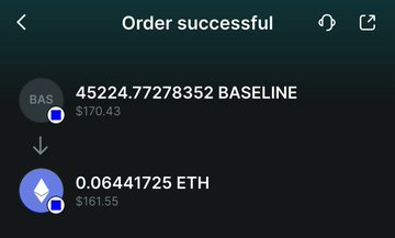 A mobile screenshot displays an "Order successful" transaction showing a swap of 45224.7728352 BASELINE ($170.43) to 0.06441725 ETH ($161.55). The image confirms the post's claim of turning a small $5 investment into approximately $170 through a BASELINE to ETH trade.
