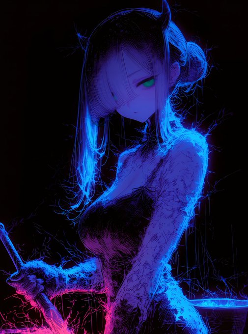 A stylized digital illustration of an anime-style female character with blue hair and glowing green eyes, illuminated in neon blue and pink against a black background.
