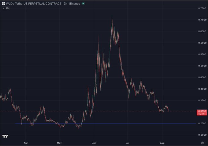 A 2-hour candlestick chart of the WLD/USDT perpetual contract on Binance shows the token's price surging from around $0.25 in May to a peak above $0.70 in June, before declining back toward the $0.30 range by early August. The chart visually supports the post's bearish claim, with the blue horizontal line near $0.25 marking a key support level where price previously bottomed, suggesting a potential further retrace below this threshold.