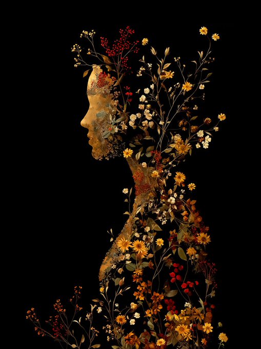 The image features a woman's face with flowers growing out of her hair. The flowers are made up of small yellow and orange petals that create an artistic and unique appearance. The background of the image is black, which contrasts with the colorful flowers in the foreground. The caption on the image reads "Sold! Thank you @puchi_frog for buying the 3rd edition of Golden Veil!".