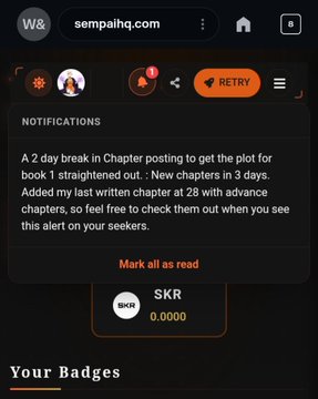 A mobile screenshot from sempath.com showing a notifications panel with a message about a 2-day break in Chapter posting, new chapters in 3 days, and a last written chapter 28 with advance chapters available for seekers, with a Mark all as read button and SKR token balance displayed.