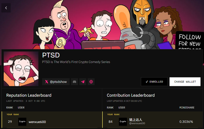 A webpage for "PTSD - PTSD is The World's First Crypto Comedy Series" with reputation and contribution leaderboards.