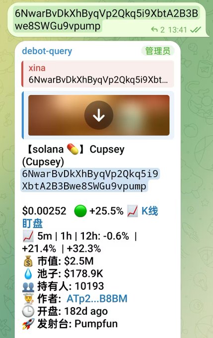A Telegram chat screenshot showing a de-bot query for the Solana token 'Cupsey' with the address 6NwarBvDkXhByqVp2Qkq5i9XbtA2B3Bwe8SWGu9vpump, displaying a price of $0.00252 (+25.5%), market cap $2.5M, liquidity $178.9K, 10,193 holders, launched via Pumpfun.