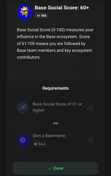 The image shows a cell phone screen with a social media app open, displaying information about the Base Social Score. The app has two badges - one for "Base Social Score" and another for "Basescore". The score of the base is 60+ points, which means it's high enough to be considered a good score. The app also provides instructions on how to increase the score by following the guidelines provided in the message.