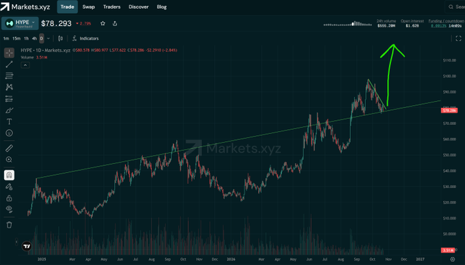 A Markets.xyz HYPE/USD candlestick chart shows HYPE trading around $78.293, with an upward green trendline and a hand-drawn arrow projecting a move toward $100. The “HYPE bottom. $100 next” post is supported by the chart’s recent rebound from the rising trendline, though $100 is not yet reached.