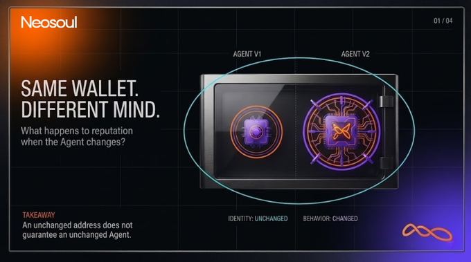 A presentation slide by Neosoul titled 'SAME WALLET. DIFFERENT MIND.' poses the question of what happens to reputation when an Agent changes, showing visuals of Agent V1 and Agent V2.