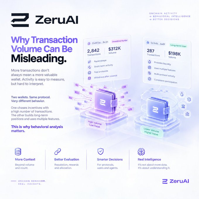A ZeruAI infographic titled 'Why Transaction Volume Can Be Misleading' compares an 'Incentive Hunter' wallet with 2,842 transactions and $312K volume to a 'Long-term User' wallet with 287 transactions and $198K volume.