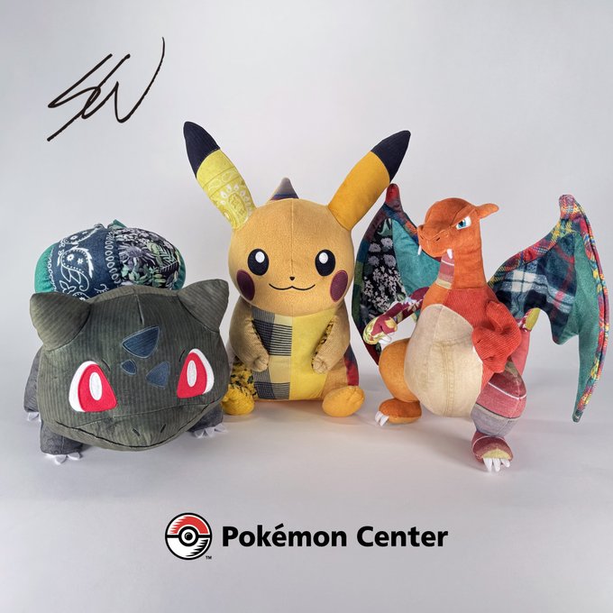 Three handmade Pokémon plushies — Bulbasaur, Pikachu, and Charizard — are displayed against a white background with a "Pokémon Center" logo and a signature.