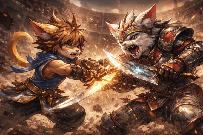 Fantasy artwork depicting an anthropomorphic cat warrior with spiky brown hair clashing swords against an armored white cat warrior in a dramatic battle scene.