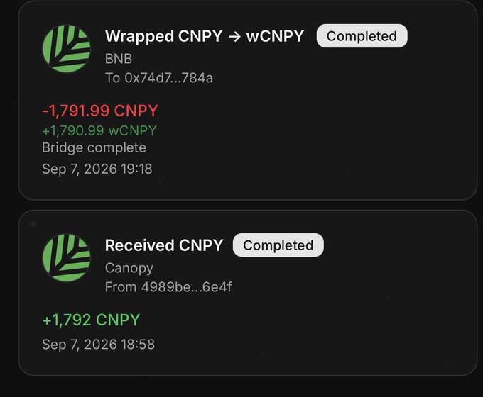 Two completed cryptocurrency transaction records dated Sep 7, 2026: a 'Wrapped CNPY → wCNPY' bridge on BNB with a -1,791.99 CNPY deduction, and a 'Received CNPY' from Canopy showing +1,792 CNPY.