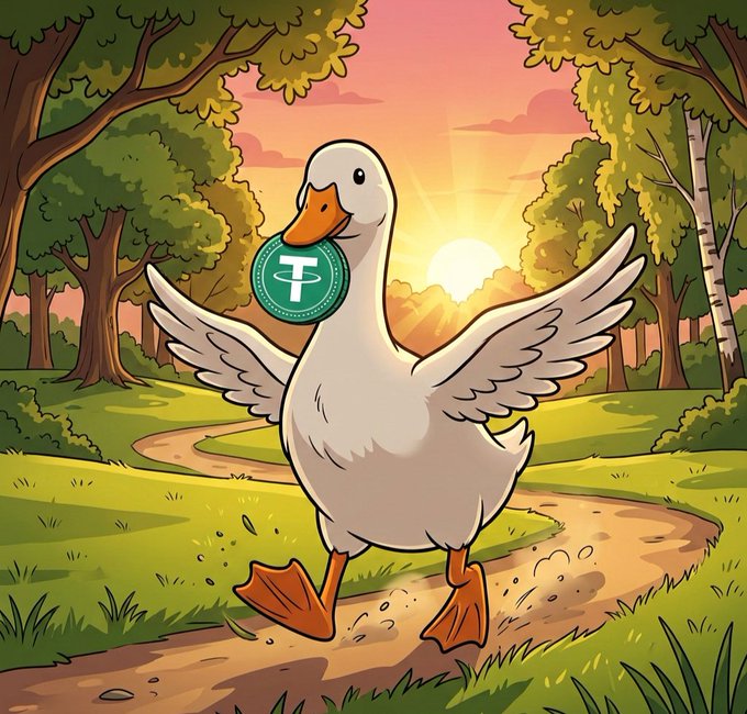 A cartoon illustration of a white duck with orange beak and feet holding a green Tether (USDT) coin in its mouth, set against a sunny forest landscape with green trees and a path.