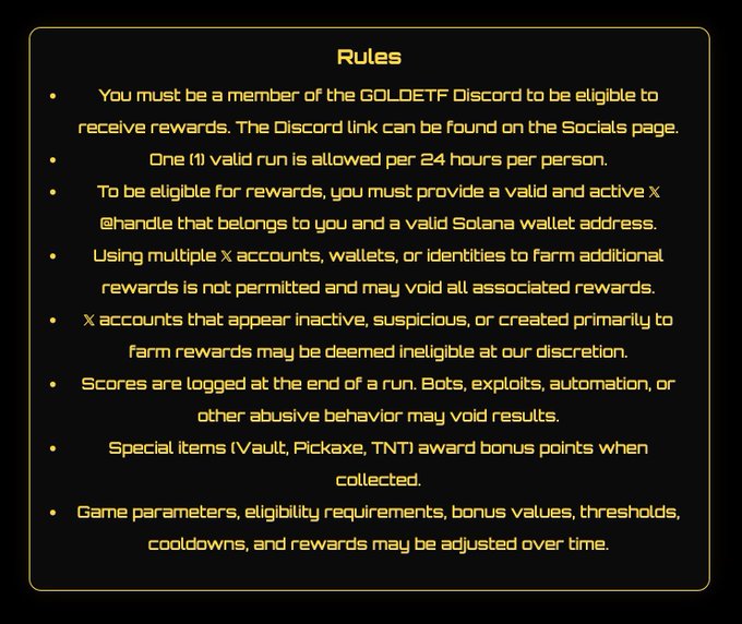 A list of 'Rules' for a rewards program, including requirements such as being a member of the GOLDETF Discord, providing a valid X @handle and Solana wallet, with restrictions on multiple accounts and bot usage.