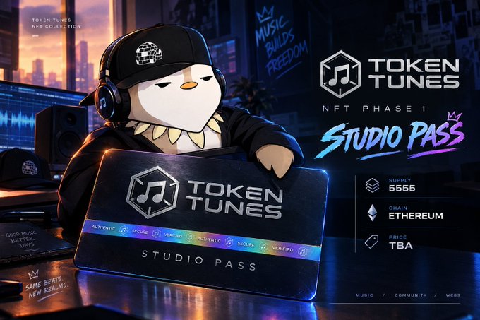 A penguin mascot wearing a "Token Tunes" cap and headphones holds a glowing "Studio Pass" NFT card in a music studio setting, promoting Token Tunes' NFT Phase 1 collection of 5,555 passes on the Ethereum chain, with "Music Builds Freedom" displayed in the background.