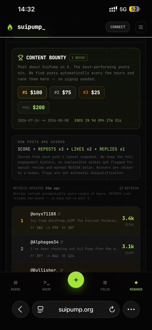 A mobile screenshot of the suipump.org website showing a 'CONTENT BOUNTY' with a $200 pool, displaying rankings like '@onyx71188' and '@Alphagen34' under a '2d 09h 27m 31s' countdown.