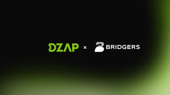 A dark graphic with green and white text displays a partnership announcement between 'DZAP' and 'BRIDGERS' with a connecting 'x' symbol.