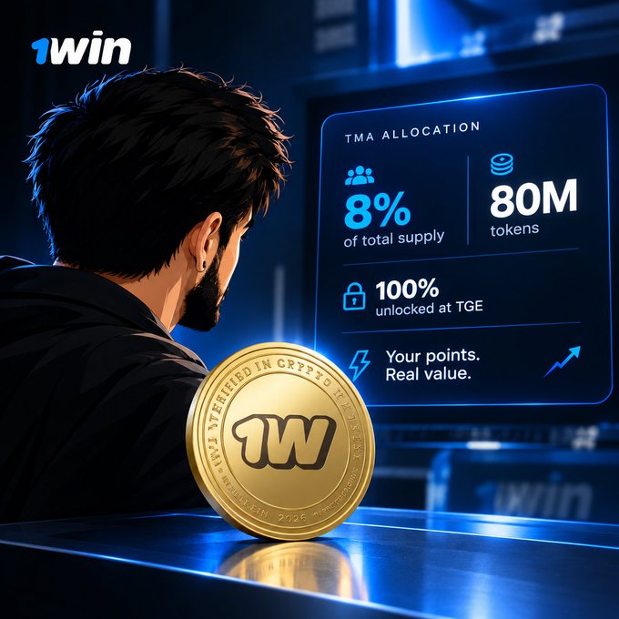 A promotional graphic for '1win' showing a person looking at a screen displaying 'TMA ALLOCATION' with '8% of total supply' and '80M tokens' '100% unlocked at TGE', featuring a gold 1win coin.