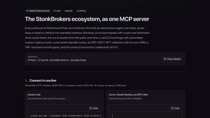 A dark-themed developer page showcases "The StonkBrokers ecosystem, as one MCP server," featuring the Model Context Protocol badge (21 tools, read only, no API key) and an endpoint URL (https://laura.stonkbrokers.io/api/mcp), with "Connect in one line" code blocks for Claude Code and Cursor configuration that aligns with the post about building an MCP server with 21 read-only tools for live quotes, token lookups, and protocol fees.
