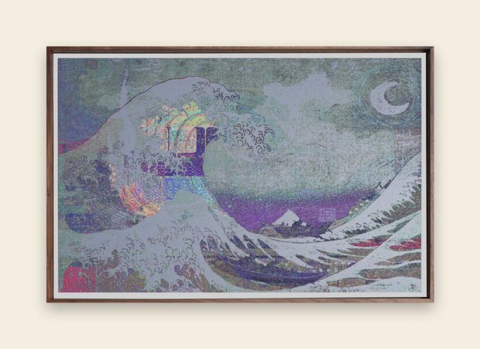 A framed colorful print displayed against a pale wall, featuring a stylized figure in flowing robes with celestial and wave-like motifs in purple, blue, and pink hues, accompanied by a crescent moon and small signature in the bottom right. The artwork represents the "Continuum of a Being" piece by Mendez Mendez, one of the physical artworks collected from digital artists.