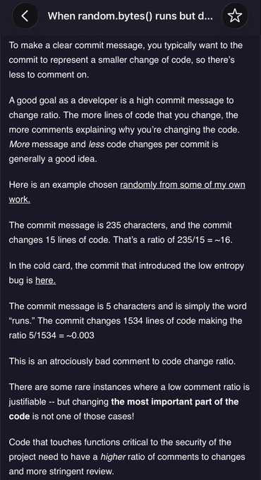 An article titled "When random.bytes() runs but d..." discusses good commit message-to-code change ratios, citing examples like a 235-character message for 15 lines changed versus a 5-character "runs" message for 1534 lines changed.