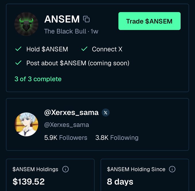 A dark-themed dashboard interface showing an 'ANSEM' profile labeled 'The Black Bull' with a 'Trade $ANSEM' button, listing completed tasks (Hold $ANSEM, Connect X, Post about $ANSEM) for user @Xerxes_sama (5.9K Followers), with $ANSEM holdings of $139.52 held for 8 days.