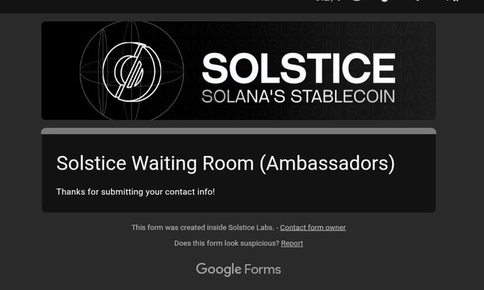 A confirmation page for the 'Solstice Waiting Room (Ambassadors)' Google Form, branded as 'SOLSTICE - SOLANA'S STABLECOIN', thanking the user for submitting their contact info.
