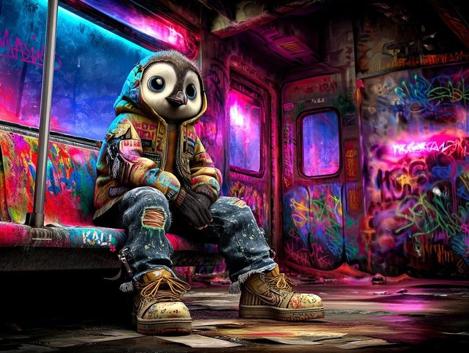 A vibrant, stylized digital artwork of an anthropomorphic owl character wearing a colorful graffiti-covered hoodie, ripped jeans, and work boots, sitting inside a neon-lit, graffiti-covered subway car.